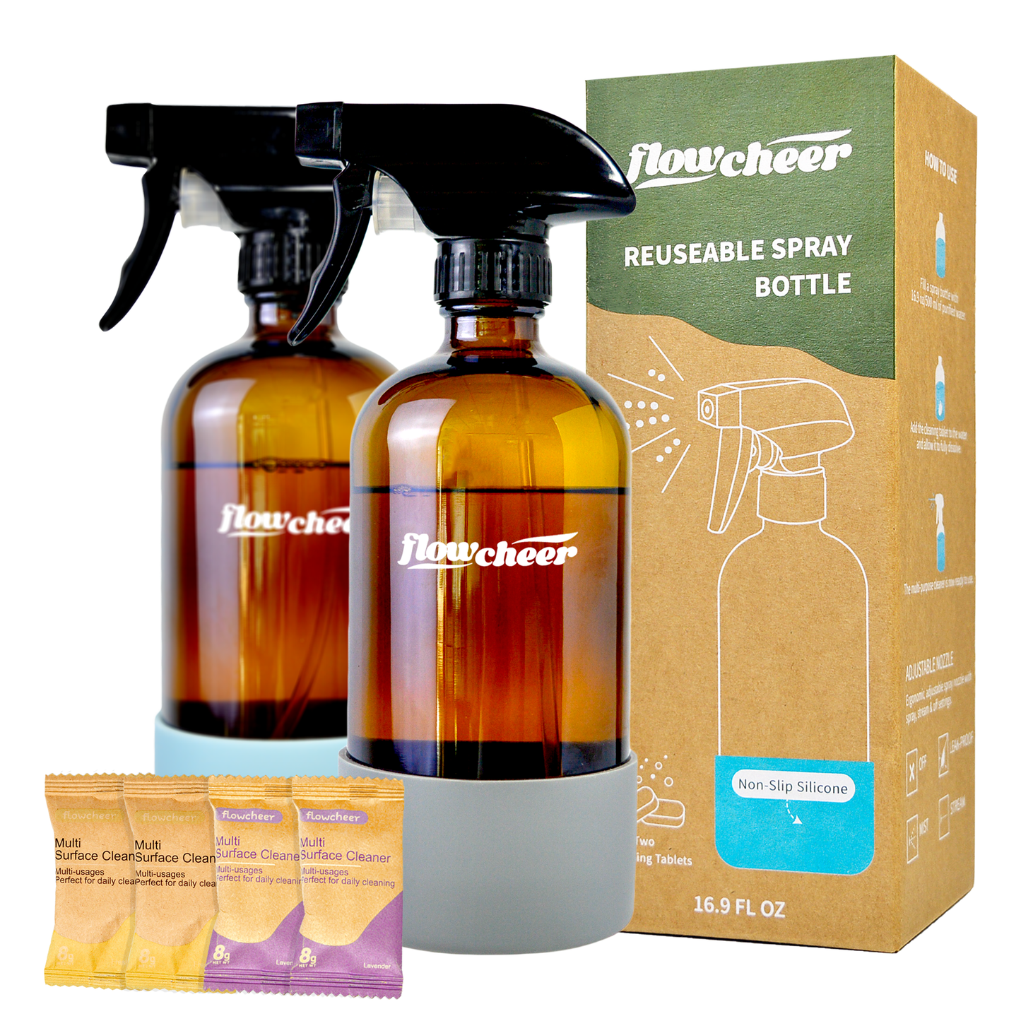 Multi-Surface Cleaner Kits-2 Pack Reusable Spray Bottles and 4 Pack All Purpose Cleaner Refills Tablet
