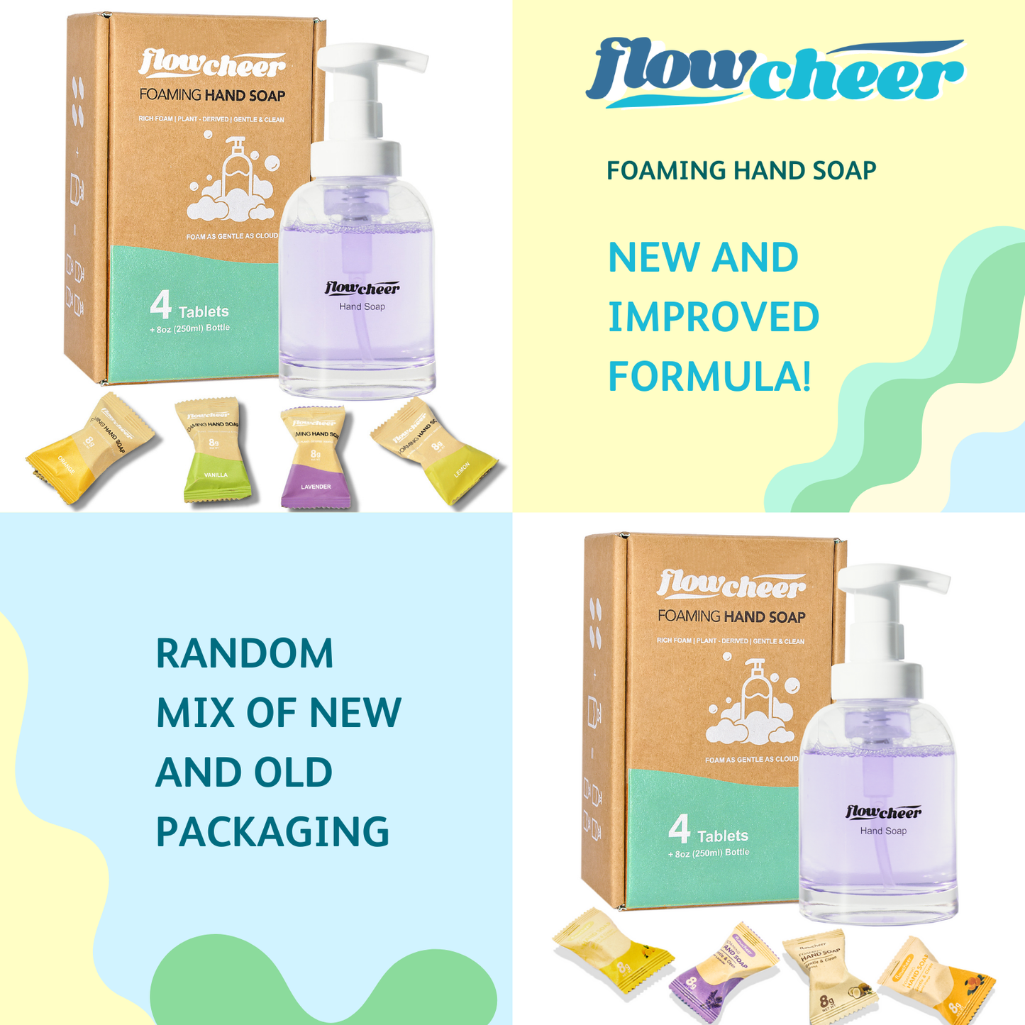 Flowcheer Foaming Hand Soap Starter Kit – 11 oz Glass Dispenser + 4 Eco-Friendly Refill Tablets