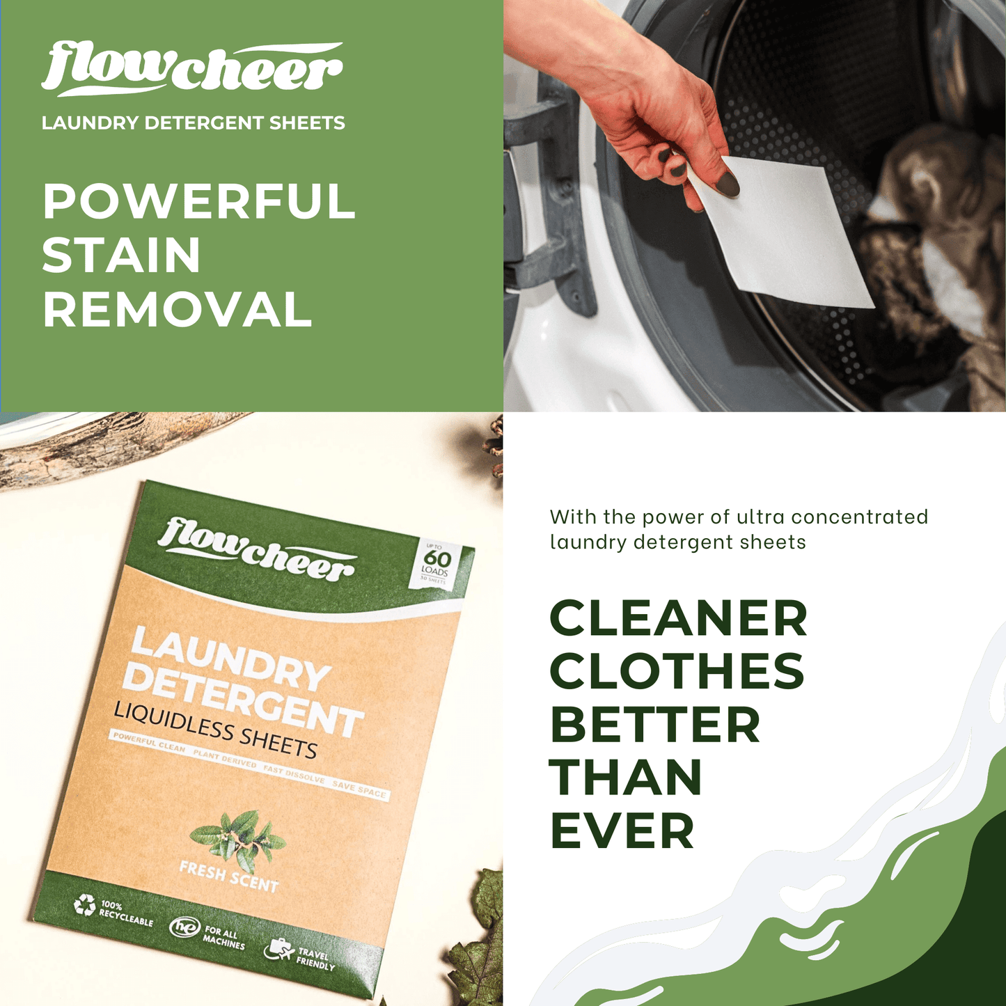 Flowcheer Laundry Detergent Sheets - 30 Sheets - Fresh Fragrance - Flowcheer