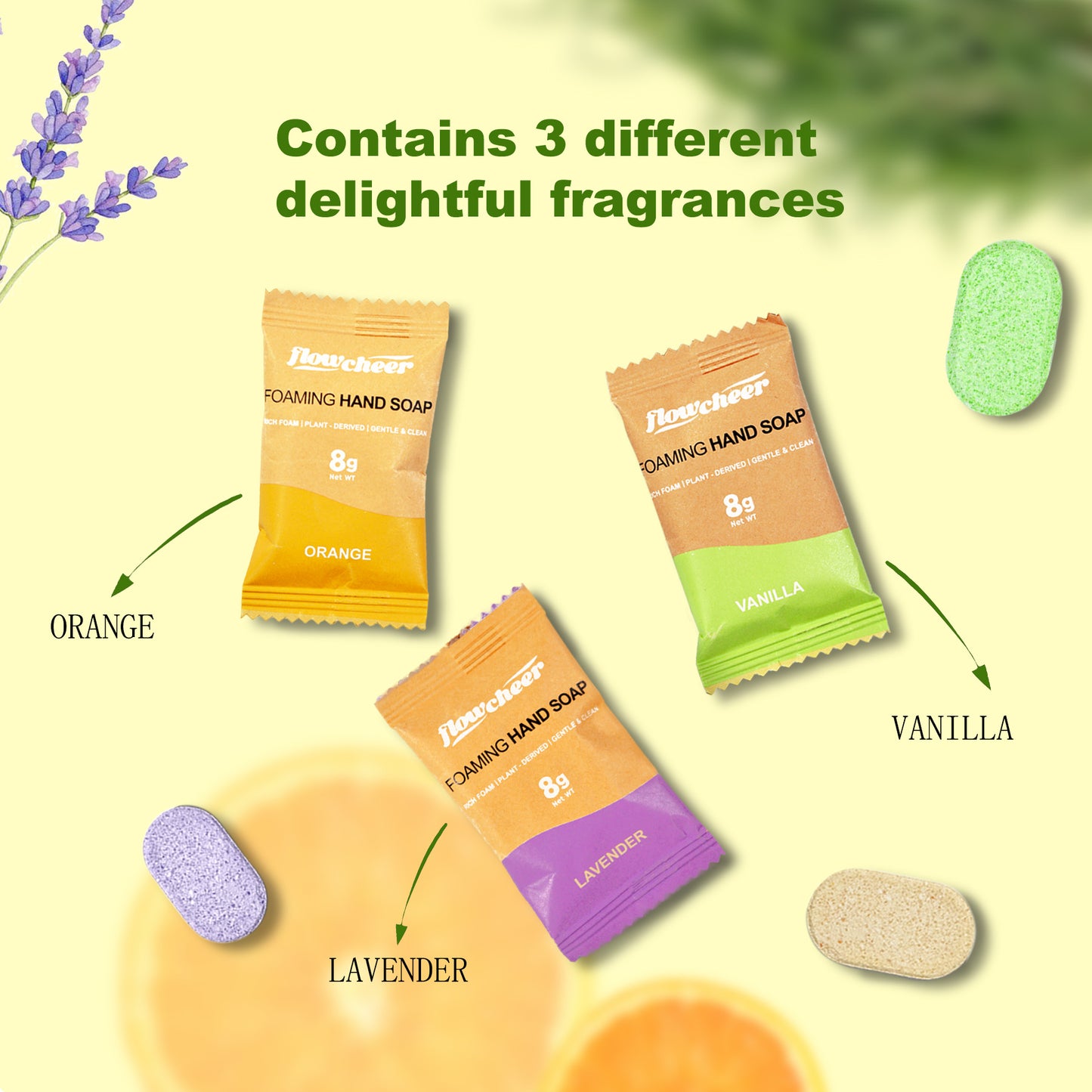 Flowcheer 3 Fragrances 洗手液溶解皂片泡沫洗手皂补充片 12 件/盒(不包括瓶子)
