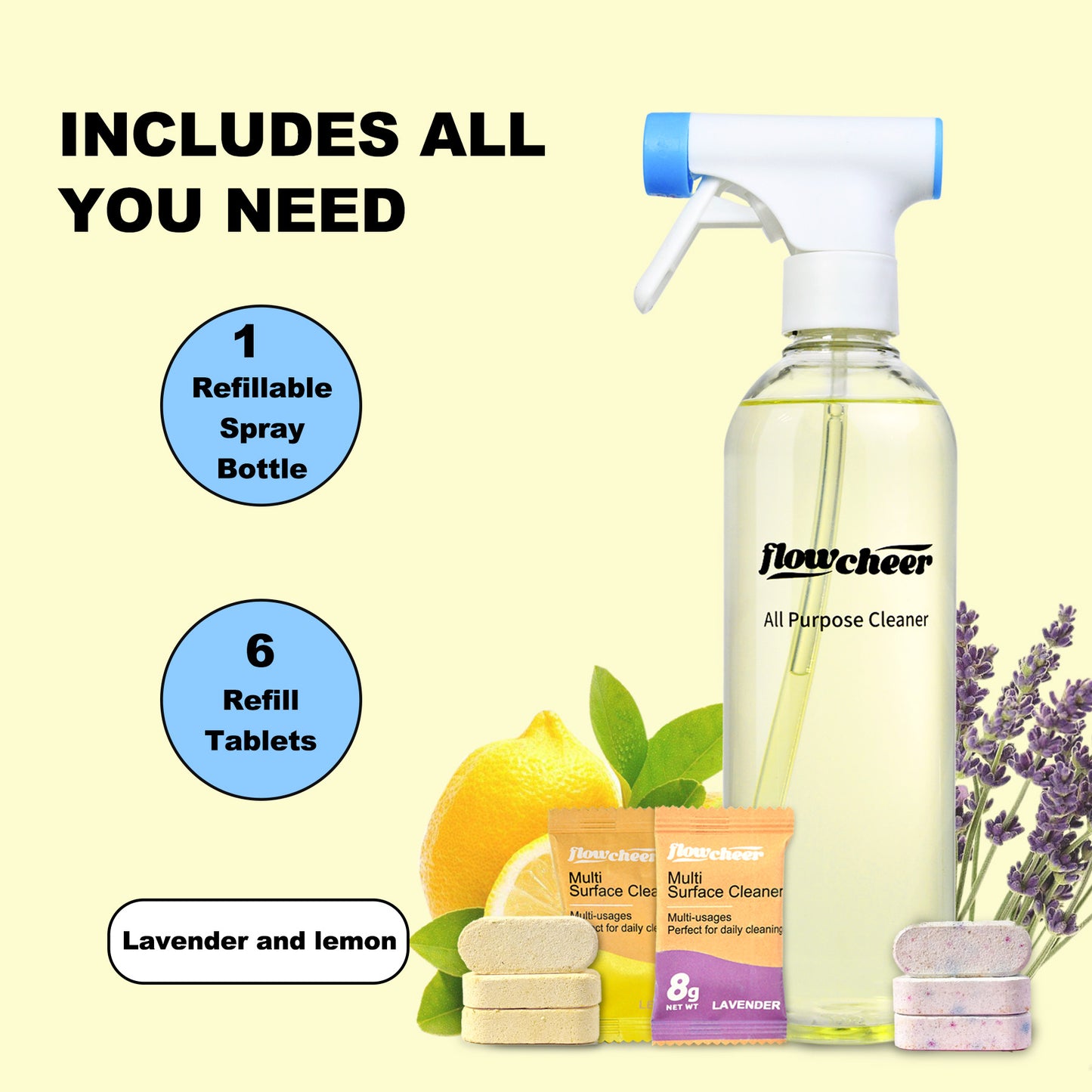 Flowcheer All Purpose Cleaner Kit – Lavender & Lemon Scent, 6 Eco-Friendly Refill Tablets