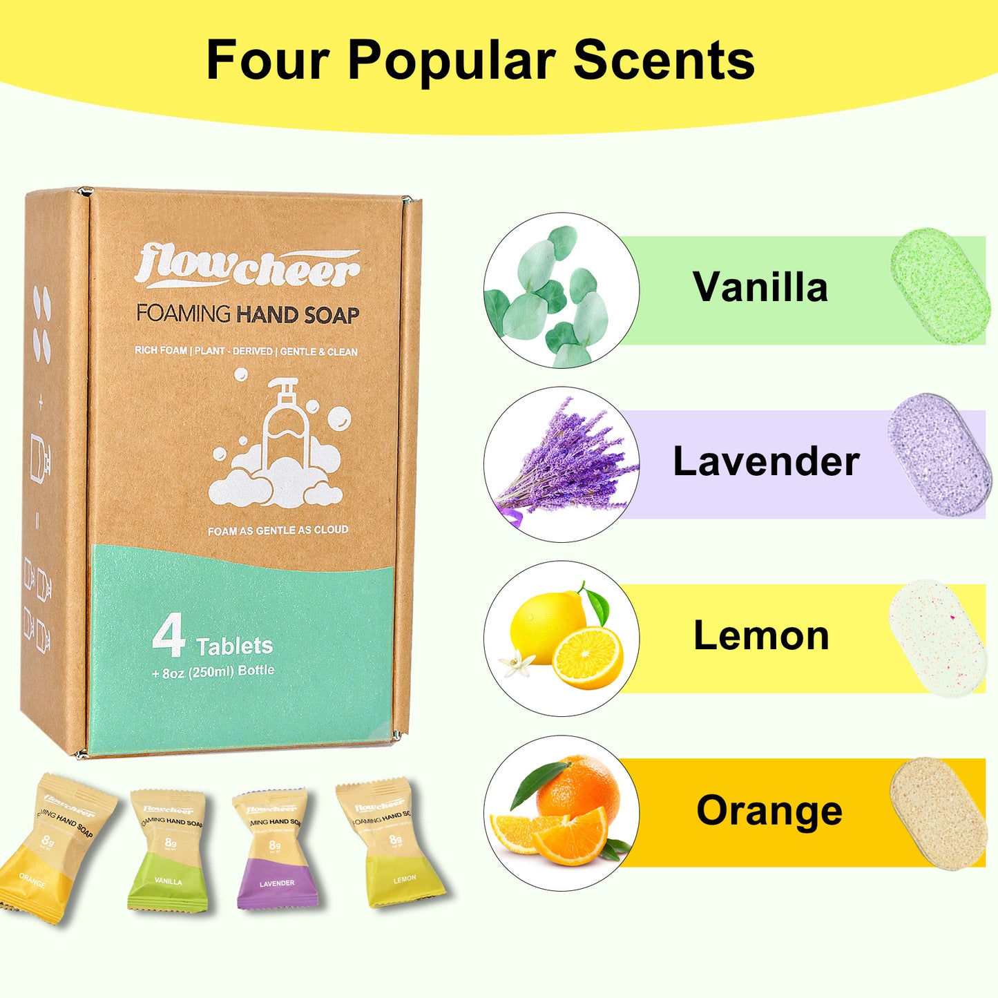 Flowcheer Foaming Hand Soap Starter Kit – 11 oz Glass Dispenser + 4 Eco-Friendly Refill Tablets