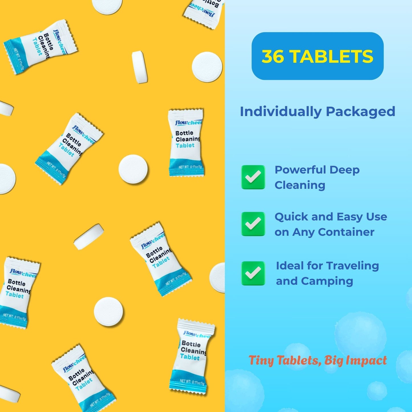 Bottle Cleaning Tablets, 36-Pack, Powerful Cleaner for Stainless Steel, Thermos, Tumblers, Hydration Packs, Removes Coffee Stains, Tea, Milk Residue & Odors