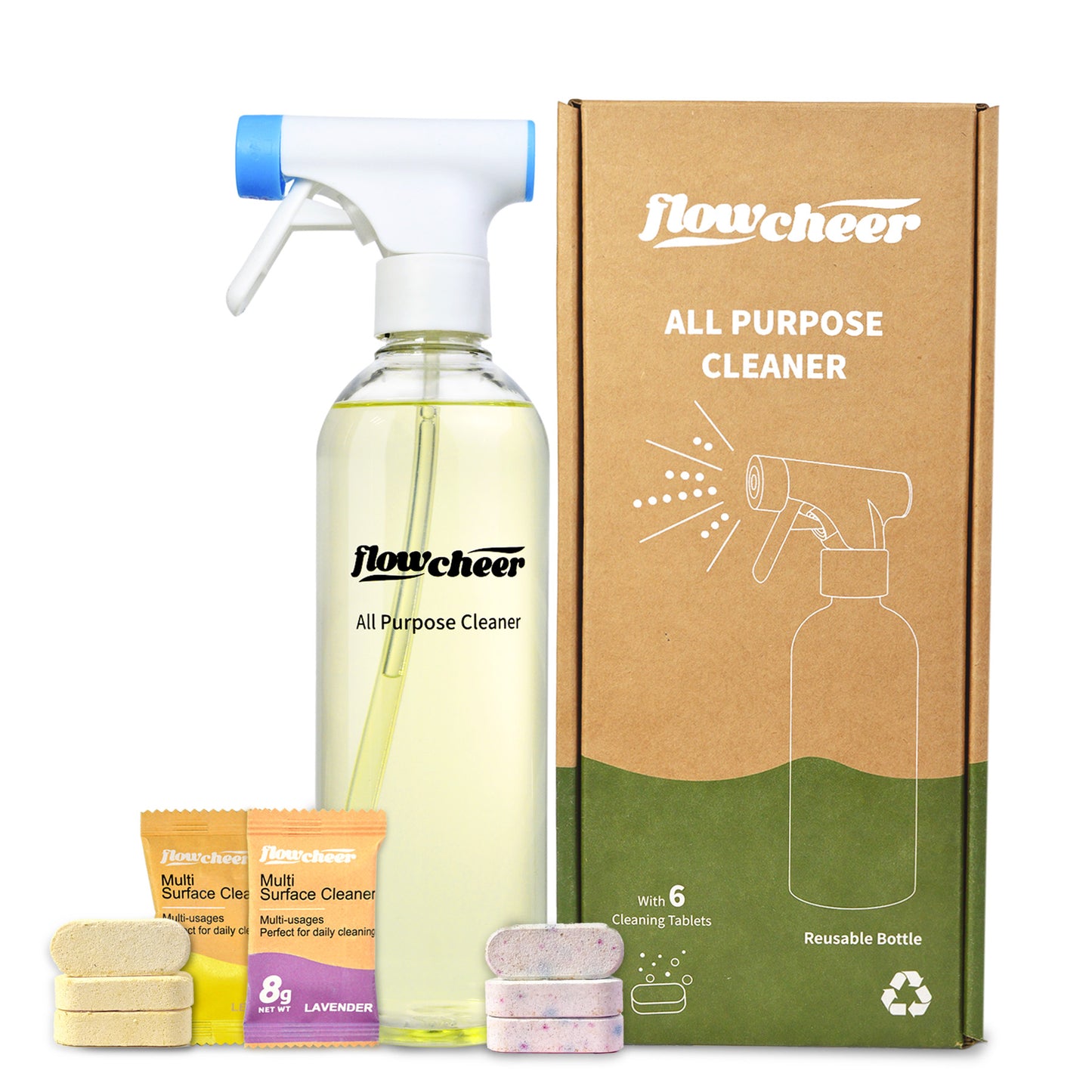 Flowcheer All Purpose Cleaner Kit – Lavender & Lemon Scent, 6 Eco-Friendly Refill Tablets