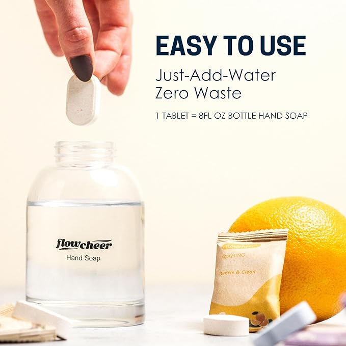 Flowcheer Foaming Hand Soap Starter Kit – 11 oz Glass Dispenser + 4 Eco-Friendly Refill Tablets