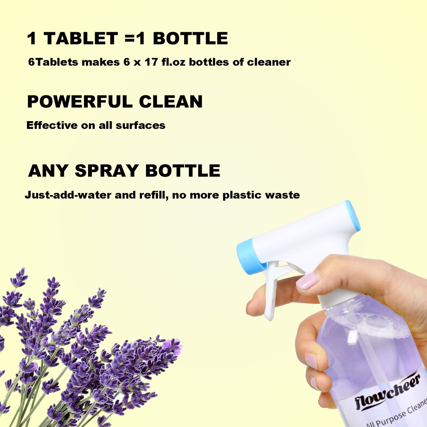 Flowcheer All Purpose Cleaner Kit – Lavender & Lemon Scent, 6 Eco-Friendly Refill Tablets