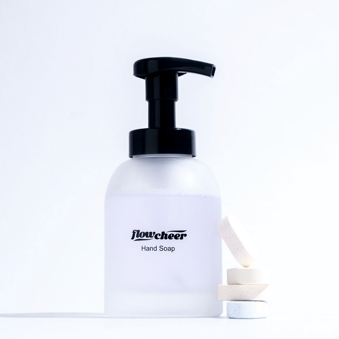Flowcheer Foaming Hand Soap Refill Tablets - Glass Foaming Soap Dispenser Combo - Karl Frosted Real Glass Bottle 11 oz - 4 Refill Tablet Included Start Kit - Soap Pump for Bathroom Kitchen Countertop - Flowcheer