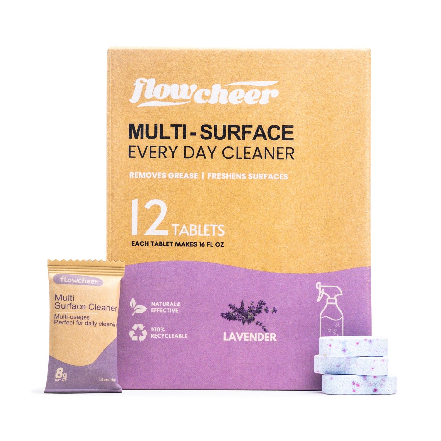 Flowcheer Multi-Surface Cleaner Refills 12 Tablets - Lavender - Powerful Clean - Flowcheer