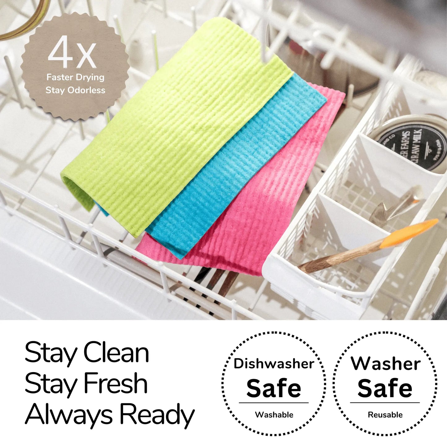 FLowcheer Swedish Dishcloths - 6 Pcs Super Absorbent Cloth Biodegradable Cellulose Sponge Reusable Kitchen Dish Cleaning Cloth - Flowcheer