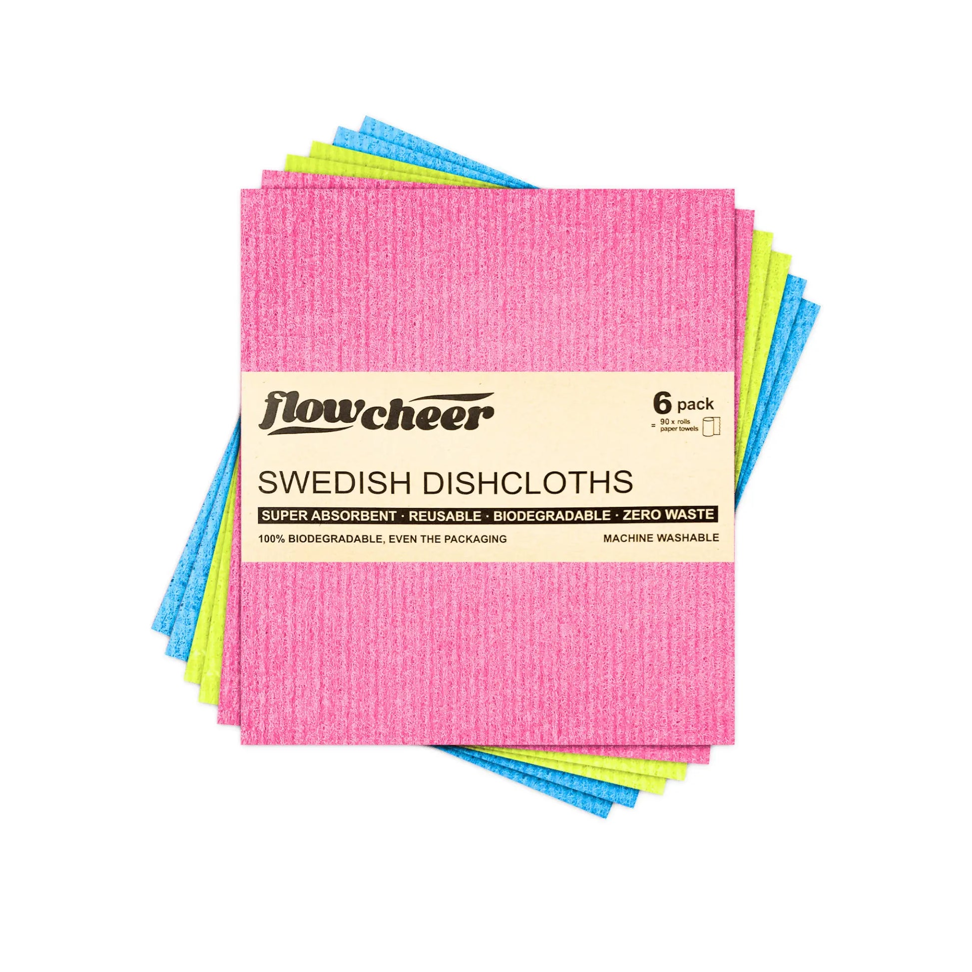 FLowcheer Swedish Dishcloths - 6 Pcs Super Absorbent Cloth Biodegradable Cellulose Sponge Reusable Kitchen Dish Cleaning Cloth - Flowcheer