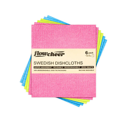 FLowcheer Swedish Dishcloths - 6 Pcs Super Absorbent Cloth Biodegradable Cellulose Sponge Reusable Kitchen Dish Cleaning Cloth - Flowcheer