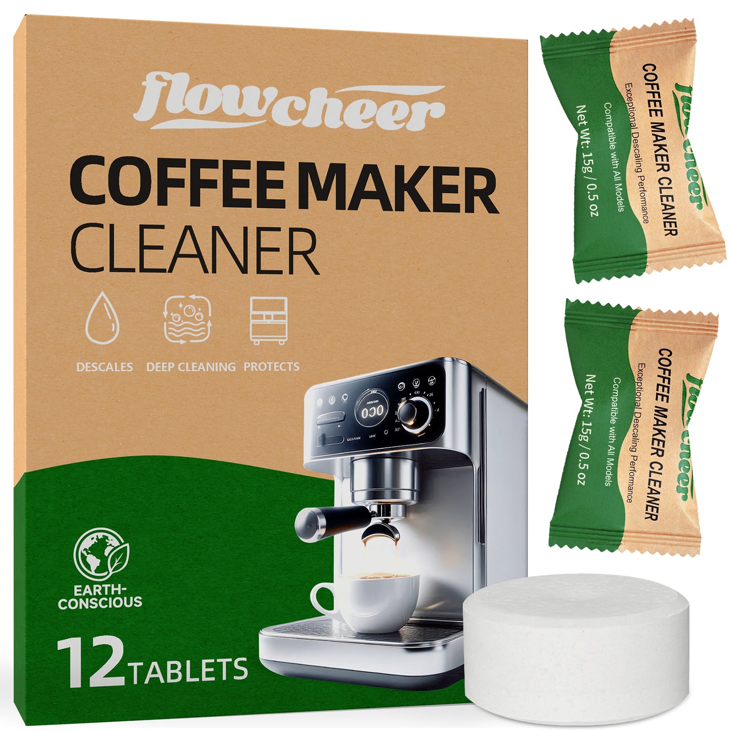 Flowcheer Coffee Machine Cleaner Descaler Tablets - 12 Count, Coffee Maker Pot Descaling & Cleaning Tabs