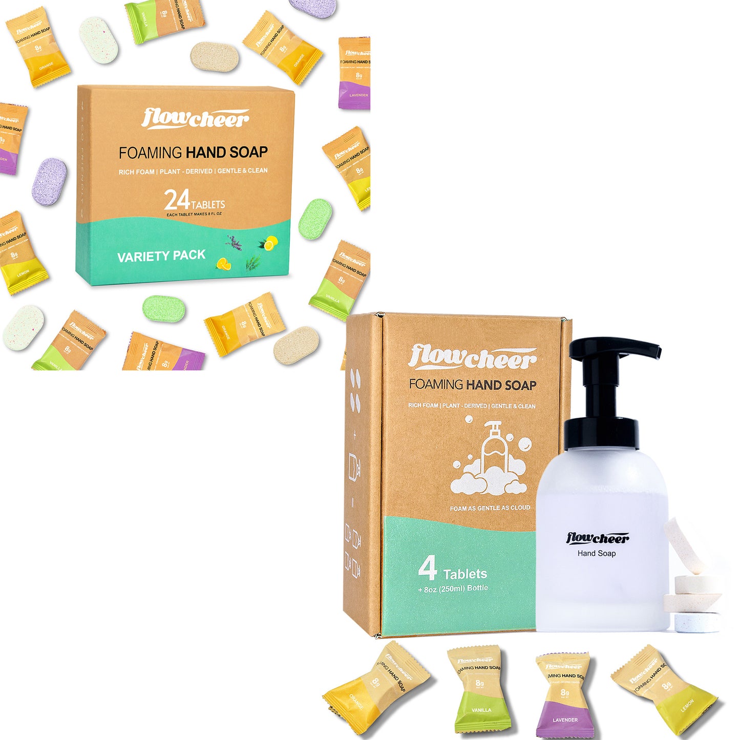 Flowcheer Foaming Hand Soap Tablets with Frosted Glass Dispenser, 24‑Pack Refills + 4 Bonus Tablets - Flowcheer