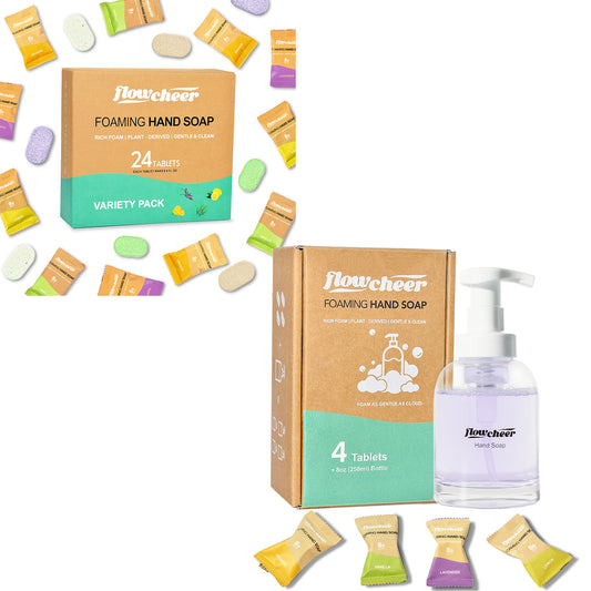 Flowcheer Foaming Hand Soap Tablets with Glass Dispenser, 24‑Pack Refills + 4 Bonus Tablets - Flowcheer