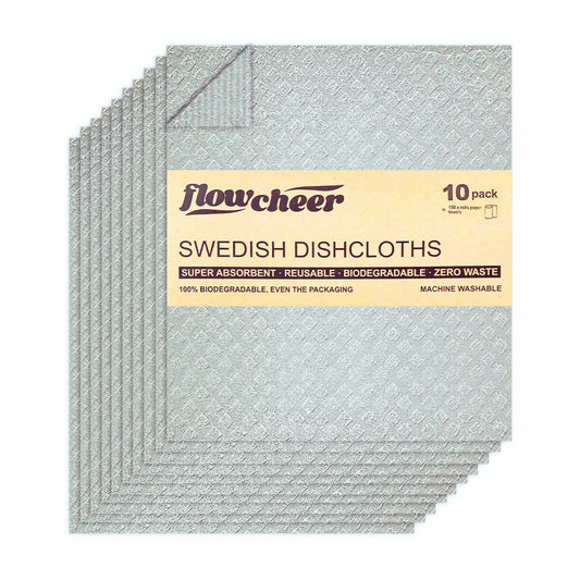 Flowcheer Swedish Dishcloths - 10 Pack Reusable Kitchen Paper Towels, - Washable Cleaning Cloths - Dolphin Grey - Washable Sponge Towel for Cleaning Counter, Dishes, Car Wash, Disposable Washcloths Yajie