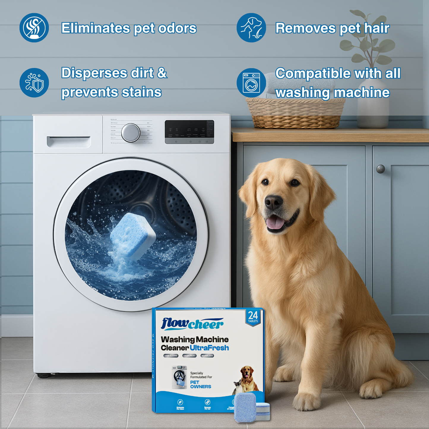 flowcheer Upgraded Washing Machine Cleaner Tablets, Washer Cleaning Tabs For HE Front Loader & Top Load Washer, Pet Hair Remover, Extra Formulated for Pet Owners, 24 Pack 1 Year Supply, Unscented