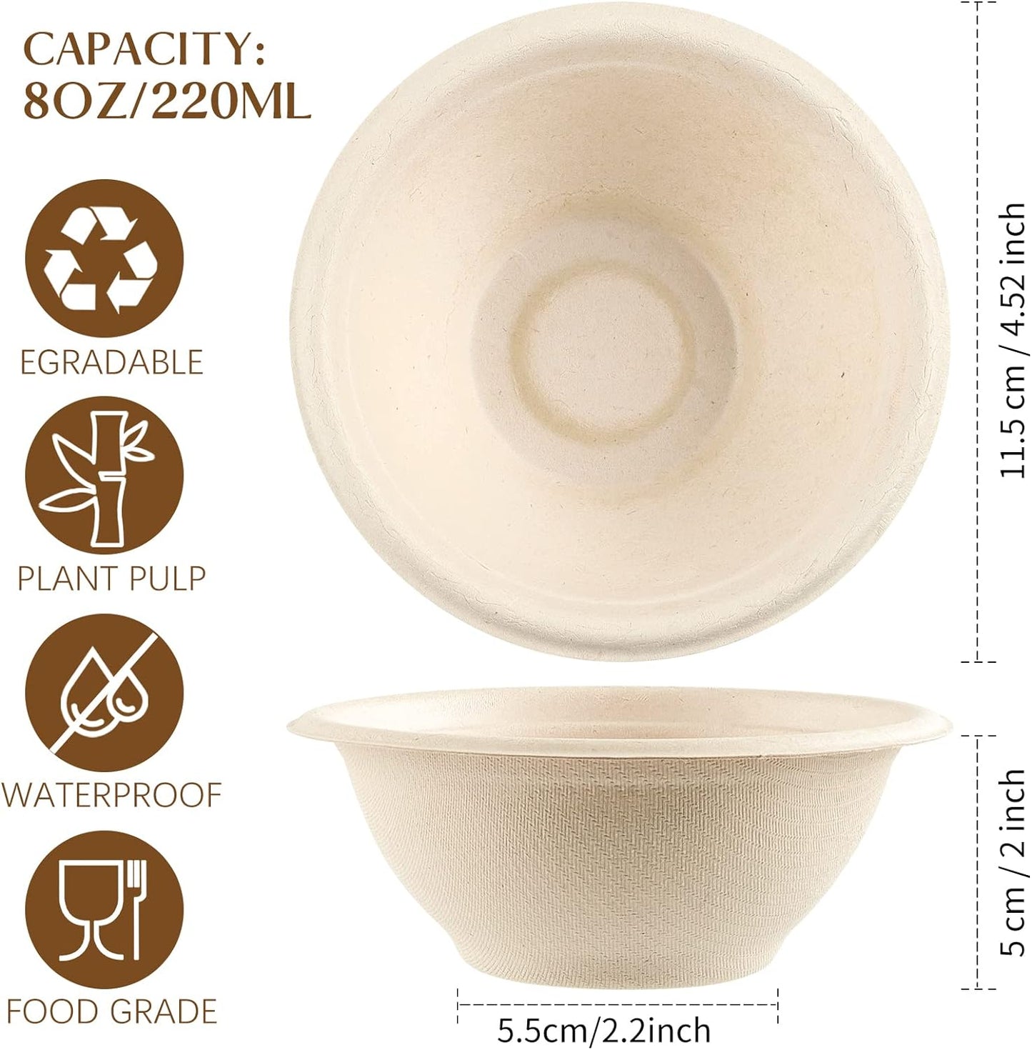 Flowcheer 150 Pack 8 oz Paper Bowls Disposable Small Compostable Soup Bowls Natural Sugarcane Biodegradable Bowls - Flowcheer