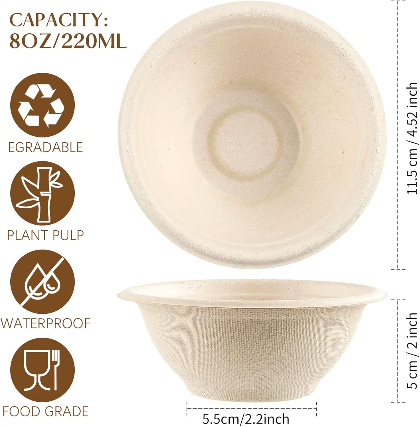 Flowcheer 150 Pack 8 oz Paper Bowls Disposable Small Compostable Soup Bowls Natural Sugarcane Biodegradable Bowls - Flowcheer