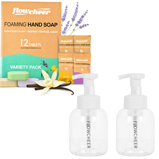 flowcheer Foaming Hand Soap Tablet Refills 12 Count & Foaming Soap Dispenser Plastic Jar