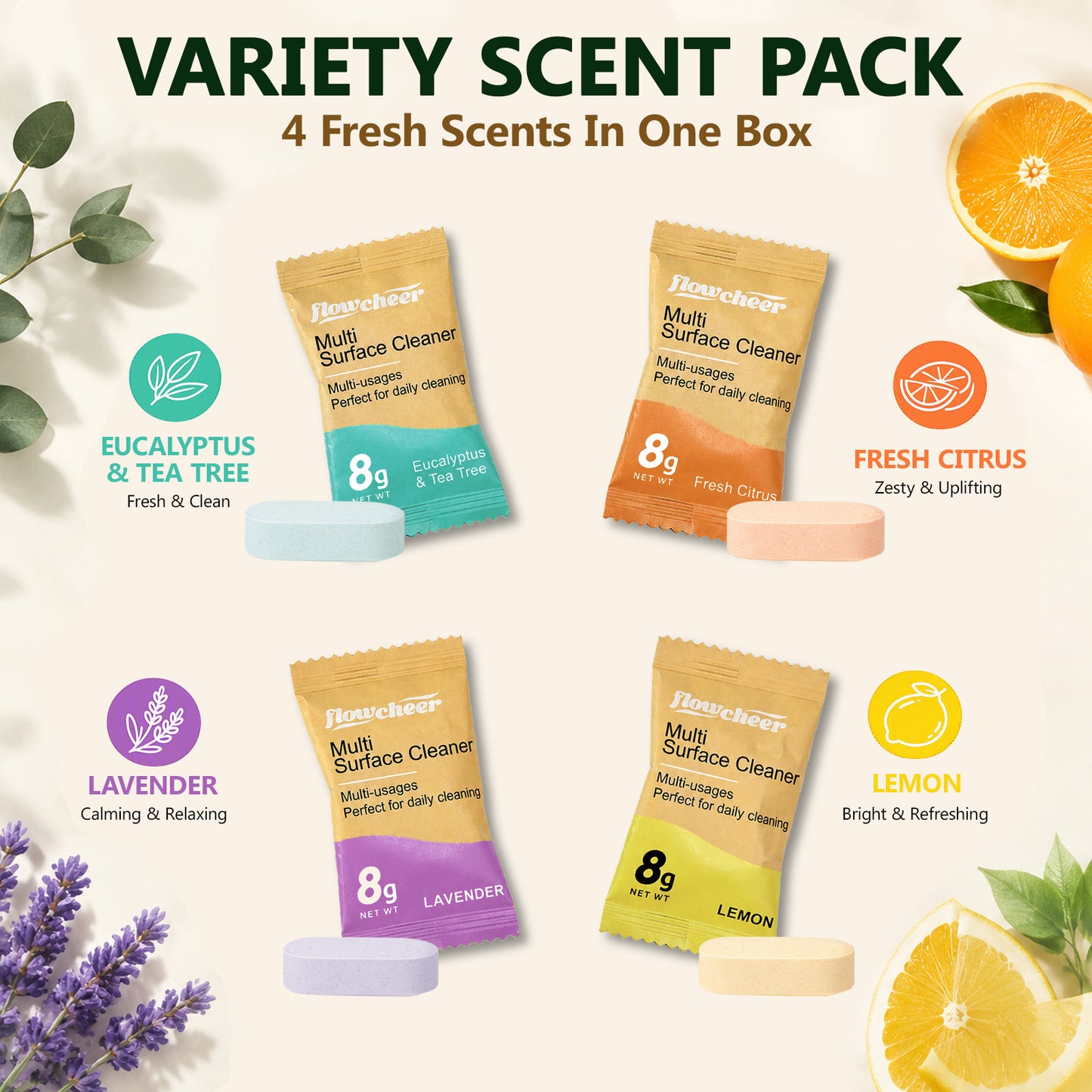 Flowcheer Multi-Surface Cleaner Variety Pack (6 Pack) – Lemon, Citrus, Lavender & Tea Tree