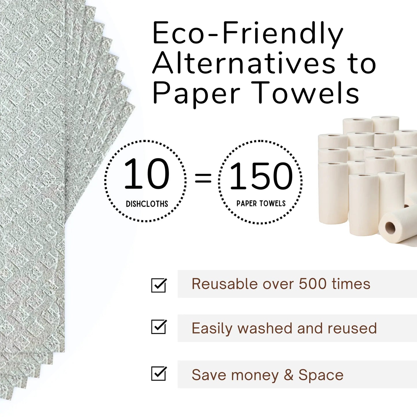 Flowcheer Swedish Dishcloths - 10 Pack Reusable Kitchen Paper Towels, - Washable Cleaning Cloths - Dolphin Grey - Washable Sponge Towel for Cleaning Counter, Dishes, Car Wash, Disposable Washcloths Yajie