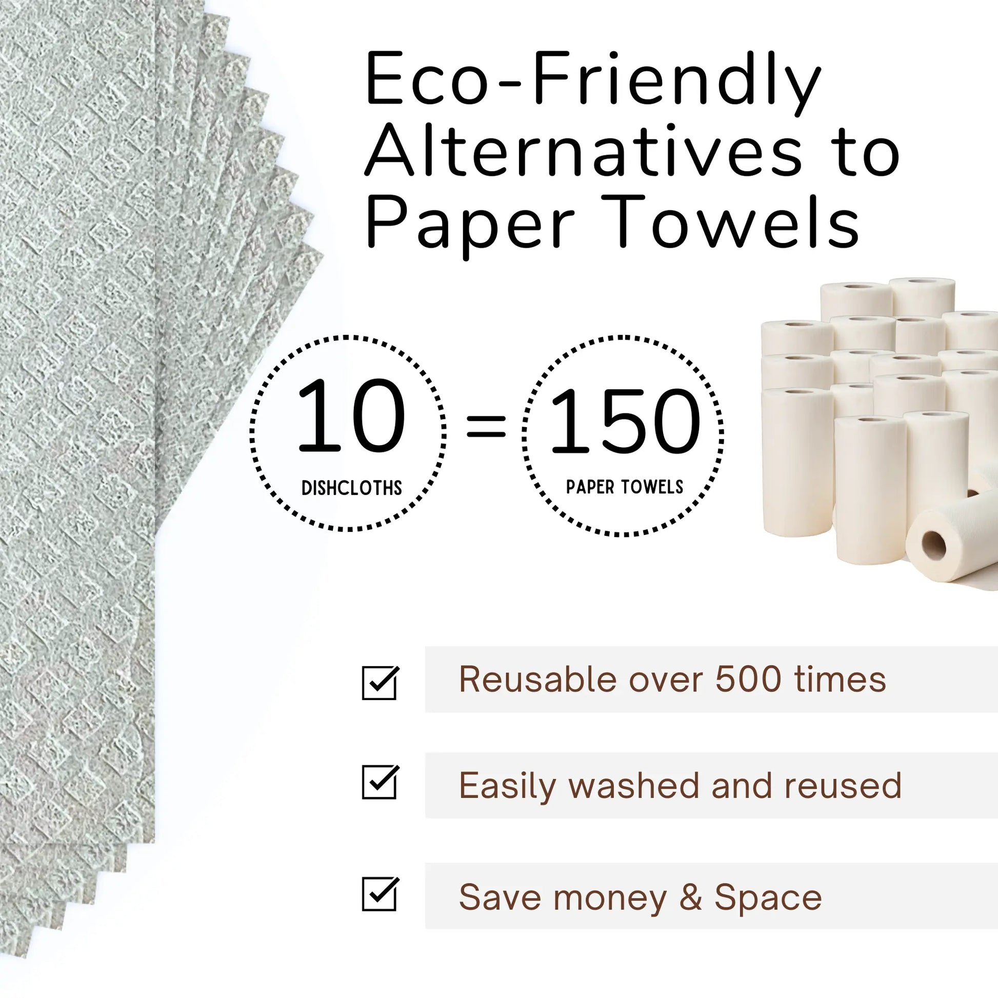 Flowcheer Swedish Dishcloths - 10 Pack Reusable Kitchen Paper Towels, - Washable Cleaning Cloths - Dolphin Grey - Washable Sponge Towel for Cleaning Counter, Dishes, Car Wash, Disposable Washcloths Yajie