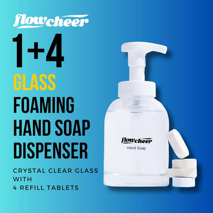 Foaming Hand Soap Refill Tablets - Glass Foaming Soap Dispenser Combo - Crystal Clear Real Glass Bottle 11 oz - 4 Refill Tablet Included Start Kit - Soap Pump for Bathroom Kitchen Countertop