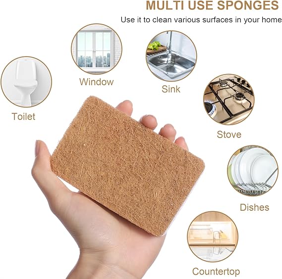 Flowcheer Cleaning Sponges for Kitchen, Non-Scratch Scrub Sponge, Natural Biodegradable Plant Based Scrubber Sponges for Cleaning Dishes, Odor Free (Dark Brown) - Flowcheer
