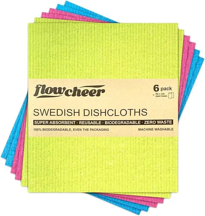 FLowcheer Swedish Dishcloths - 6 Pcs Super Absorbent Cloth Biodegradable Cellulose Sponge Reusable Kitchen Dish Cleaning Cloth - Flowcheer