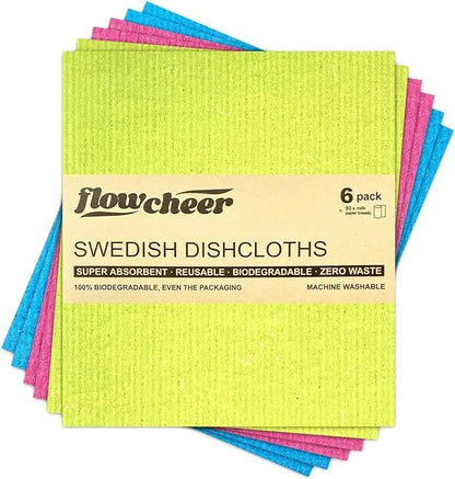 FLowcheer Swedish Dishcloths - 6 Pcs Super Absorbent Cloth Biodegradable Cellulose Sponge Reusable Kitchen Dish Cleaning Cloth - Flowcheer