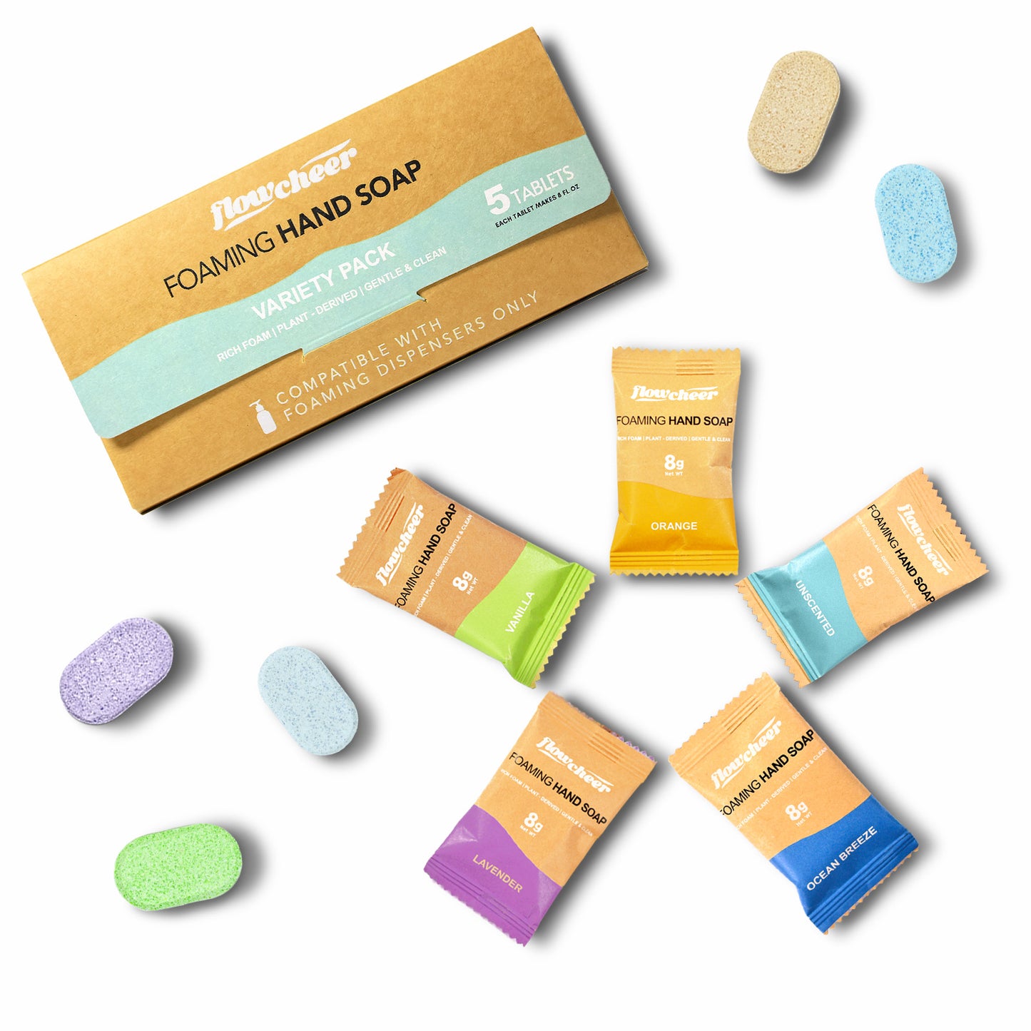 Flowcheer Foaming Hand Soap Refills – 5 Sample Pack, Mixed Scents, Eco-Friendly Tablets