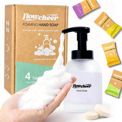 Foaming Hand Soap Refill Tablets - 4 Pack with 11 oz Frosted Glass Dispenser Combo - Eco-friendly Hand Soap | Flowcheer
