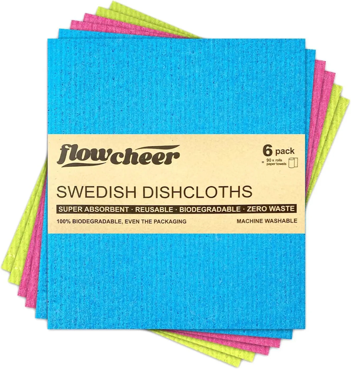 Flowcheer Swedish Dishcloths - Reusable Kitchen Paper Towels, 6 Pack - Washable Cleaning Cloths - Multicolor - Washable Sponge Towel for Cleaning