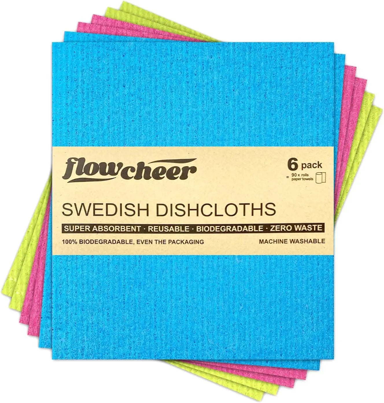 FLowcheer Swedish Dishcloths - 6 Pcs Super Absorbent Cloth Biodegradable Cellulose Sponge Reusable Kitchen Dish Cleaning Cloth - Flowcheer