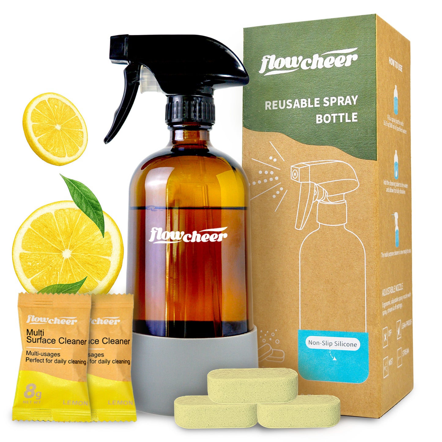 Flowcheer Lemon Multi-Purpose Cleaner: 6 Concentrated Tablets & Bottle