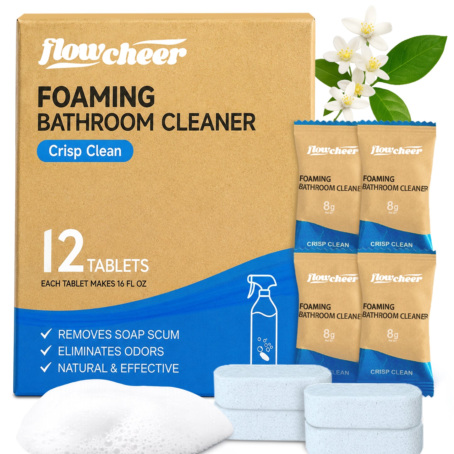 Flowcheer Foaming Bathroom Cleaner Tablets (12-Pack)