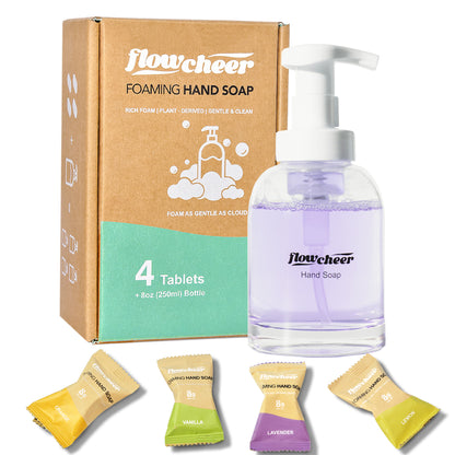 Foaming Hand Soap Refill Tablets - Glass Foaming Soap Dispenser Combo - Crystal Clear Real Glass Bottle 11 oz - 4 Refill Tablet Included Start Kit - Soap Pump for Bathroom Kitchen Countertop