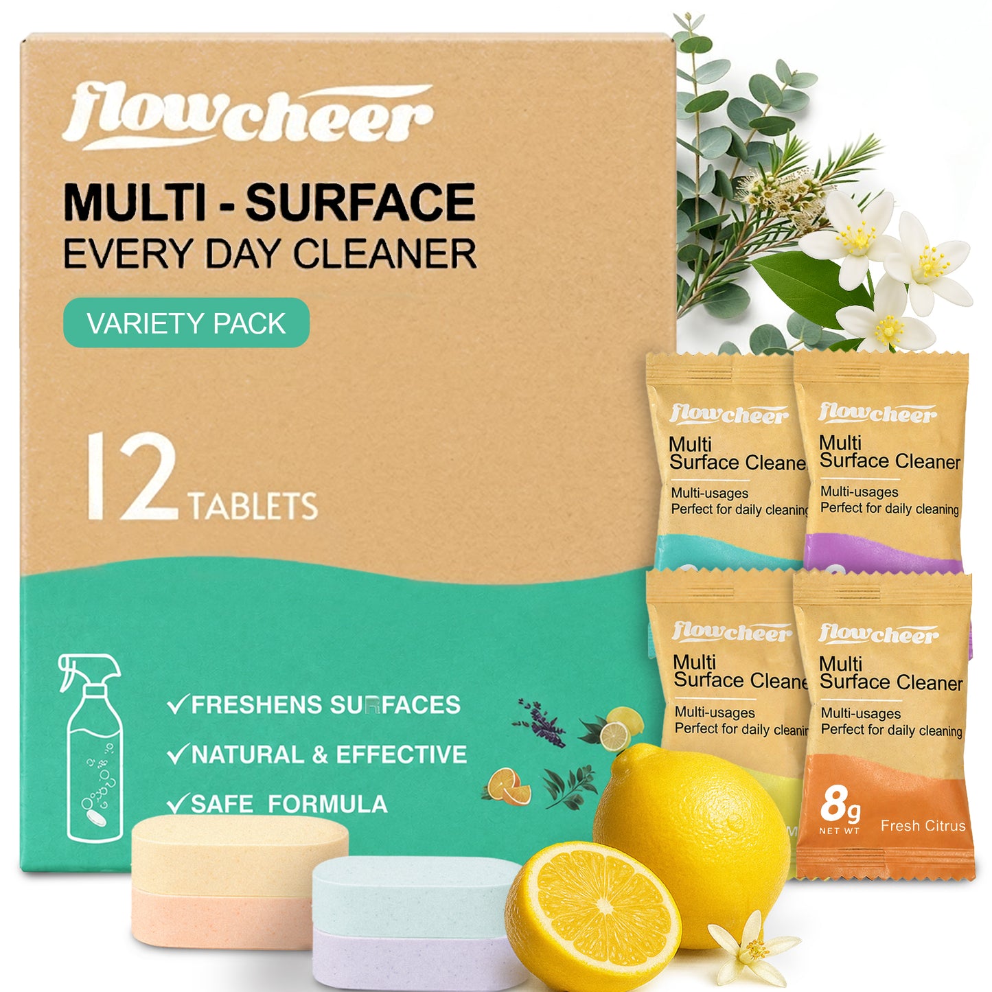 Flowcheer Multi-Surface Cleaner Variety Pack (6 Pack) – Lemon, Citrus, Lavender & Tea Tree