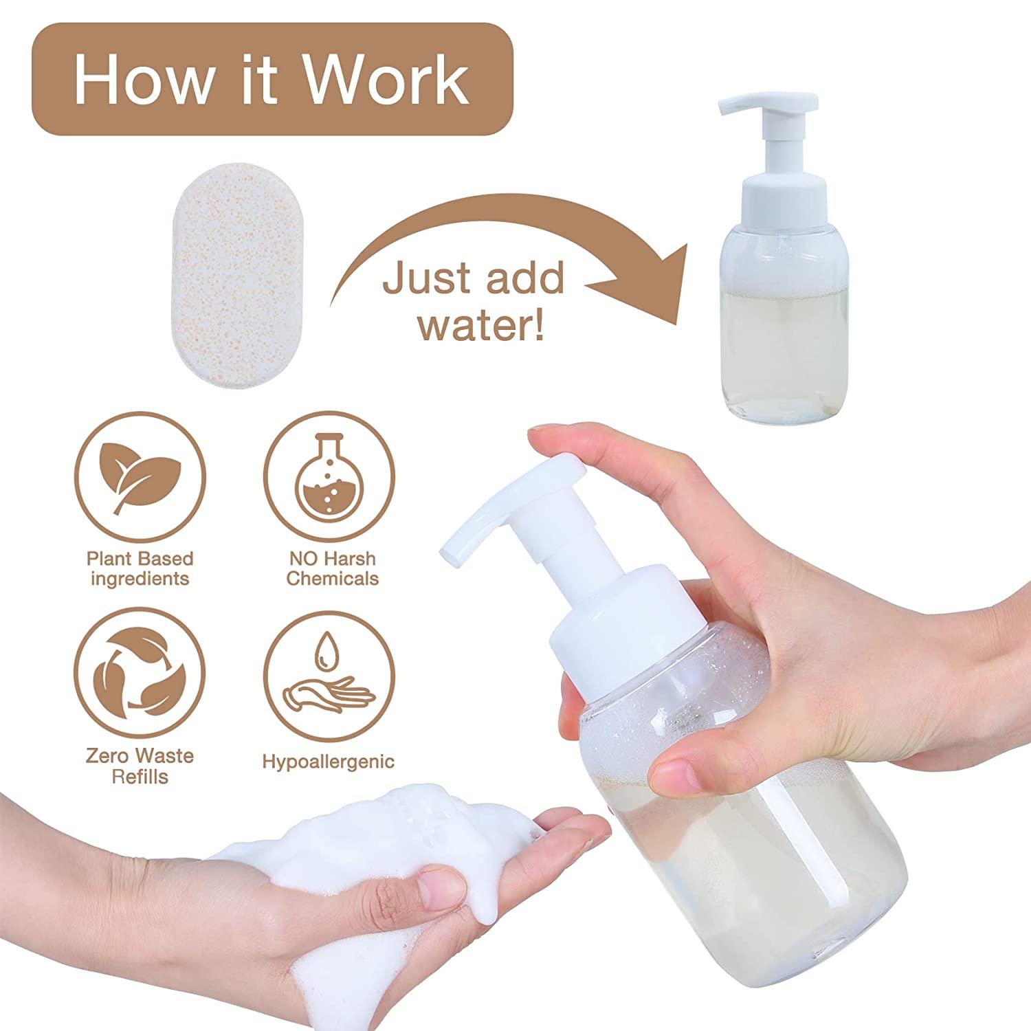 how it work, foaming hand soap tablet, just add water